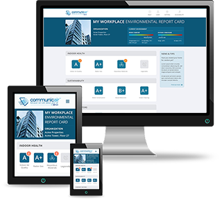 The Communicair online environmental report card in a PC, a tablet, and a smartphone.